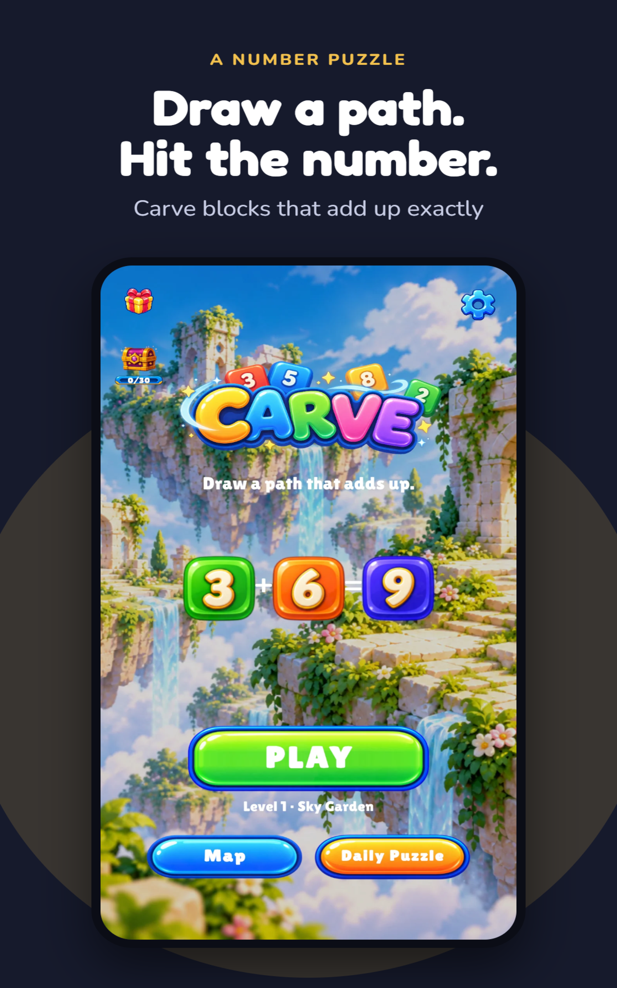 A Carve level: a glowing path connects 3, 5 and 2 to make 10