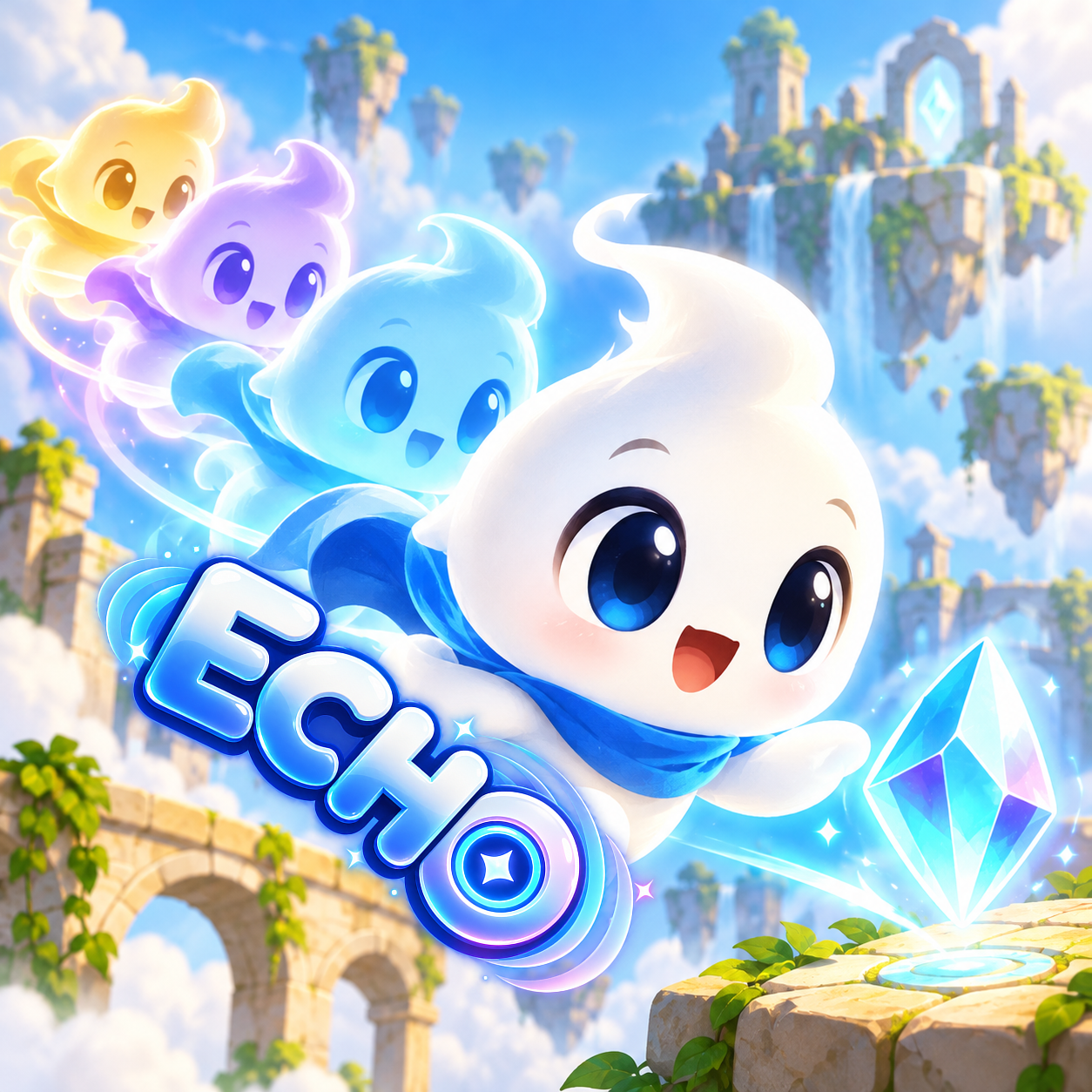 Echo app icon: a cute white ghost hero with glowing echoes and a blue crystal gem