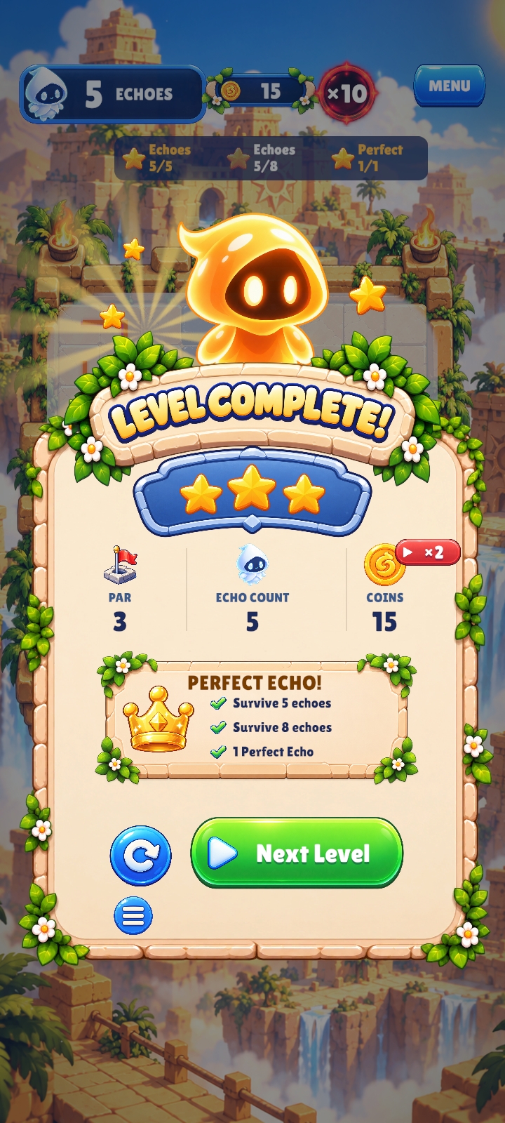 The Echo Level Complete screen with three stars