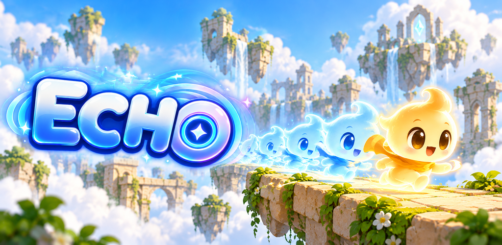 Echo feature graphic: the hero flies over floating sky islands, followed by its echoes