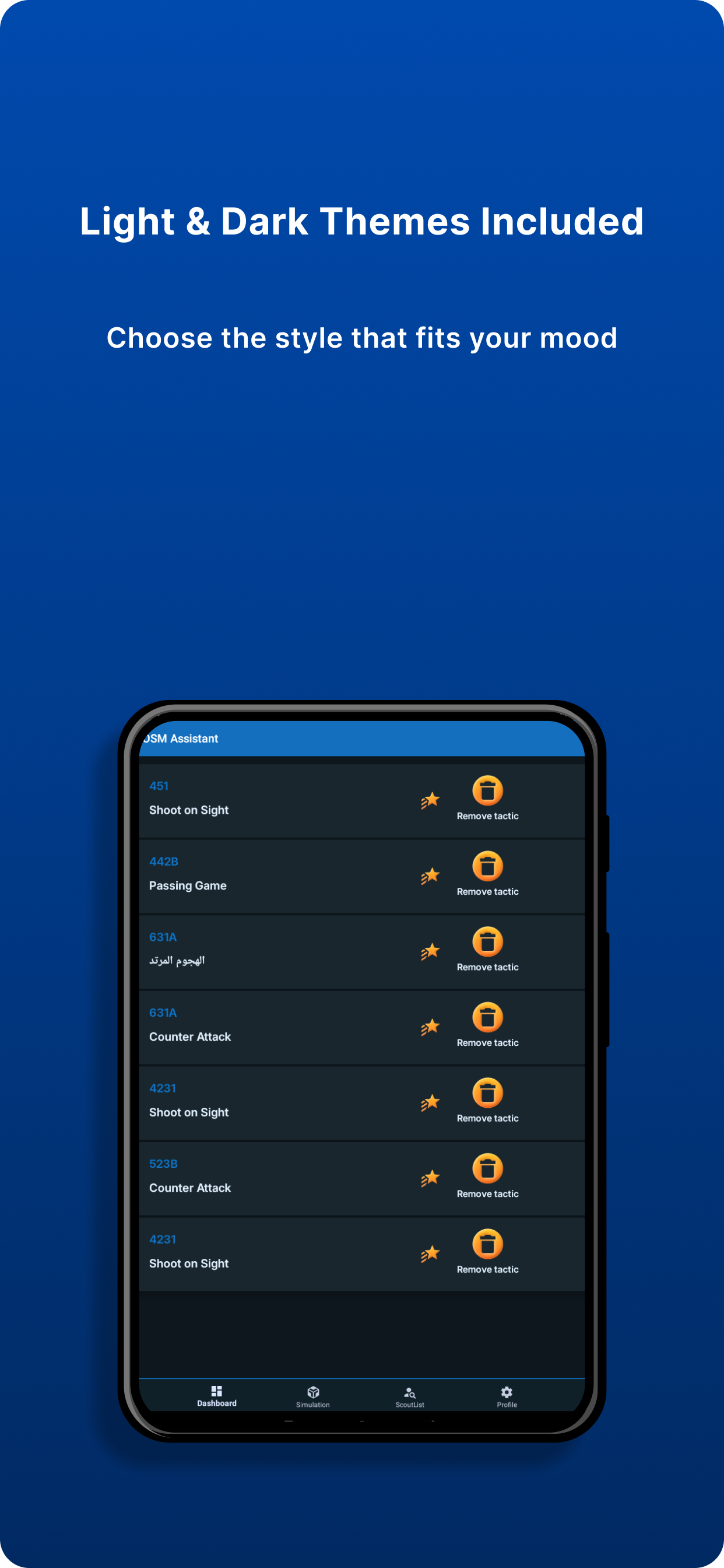 OSM Tactics and Scout Assistant dark theme screen