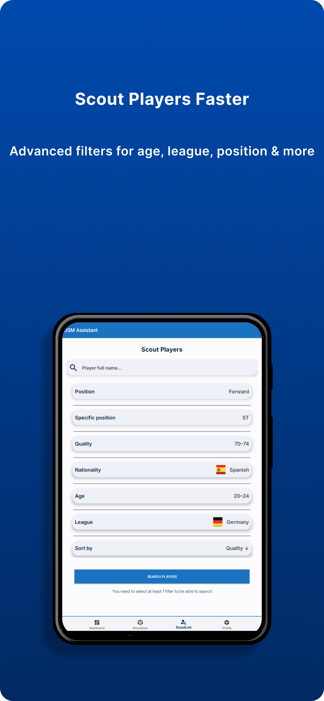 OSM Tactics and Scout Assistant Scout list screen